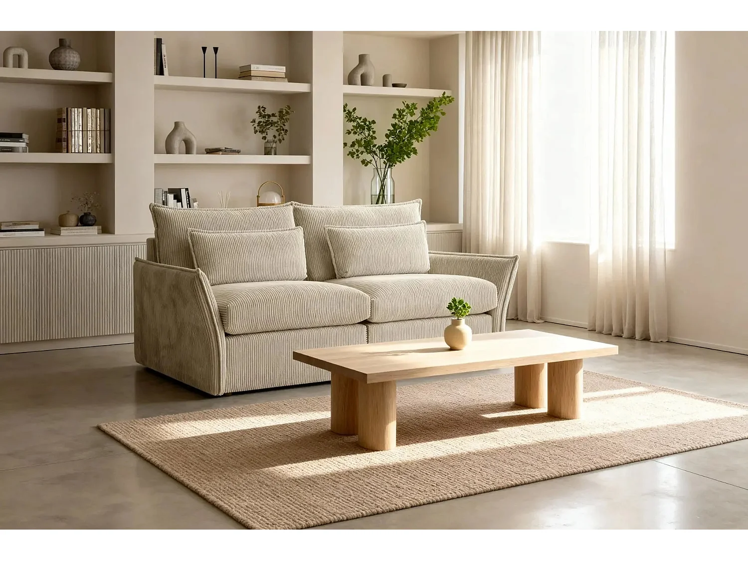 ANGELE - Canapé droit velours côtelé 2 places - Beige