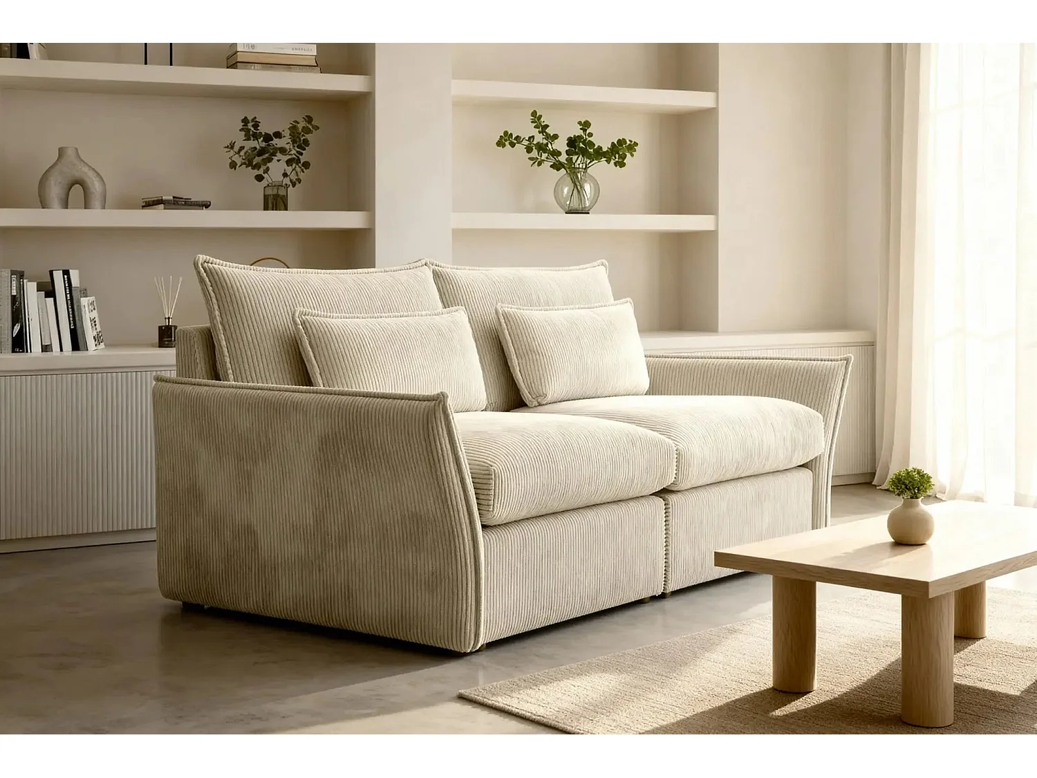 ANGELE - Canapé droit velours côtelé 2 places - Beige