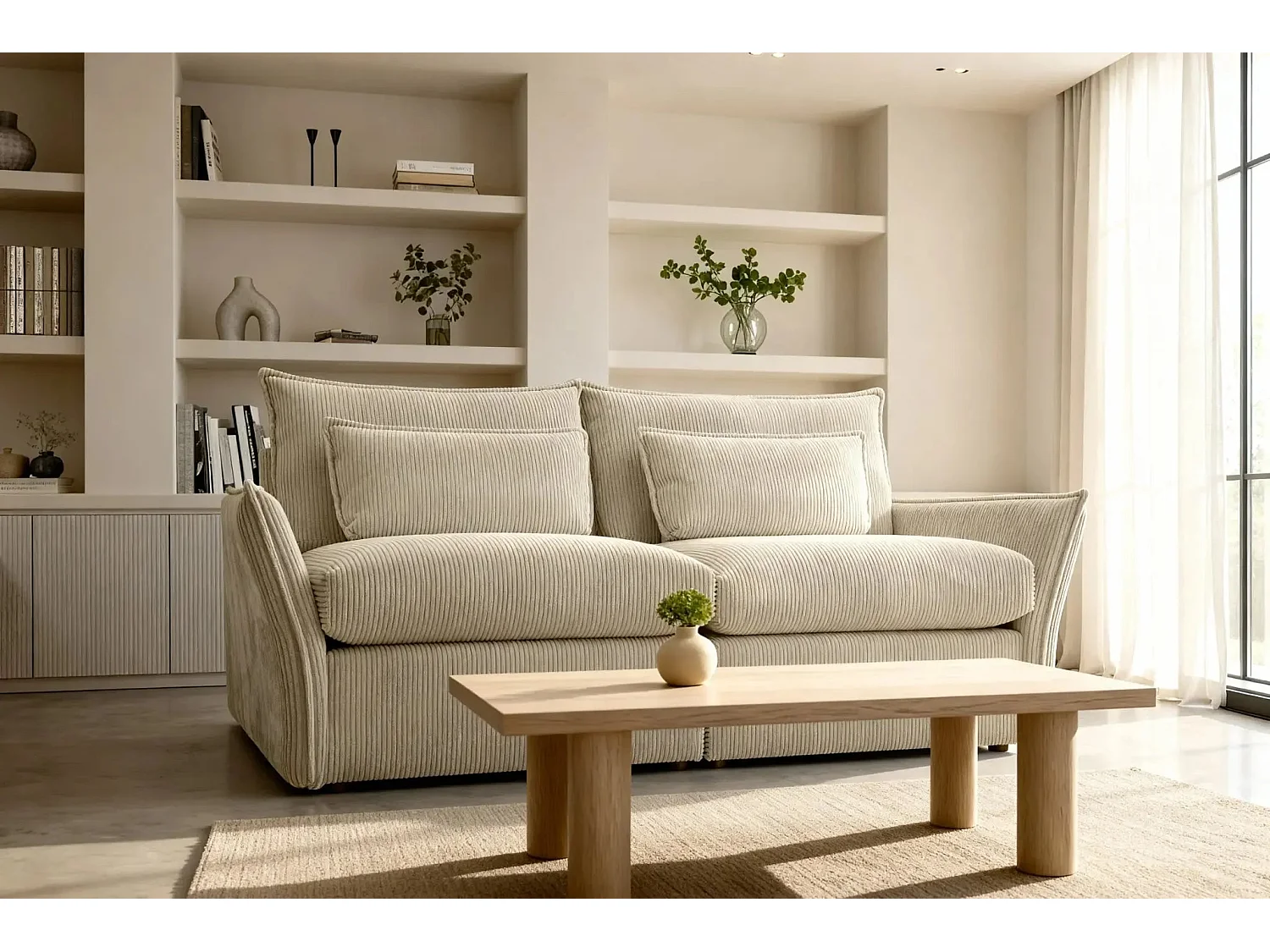 ANGELE - Canapé droit velours côtelé 2 places - Beige