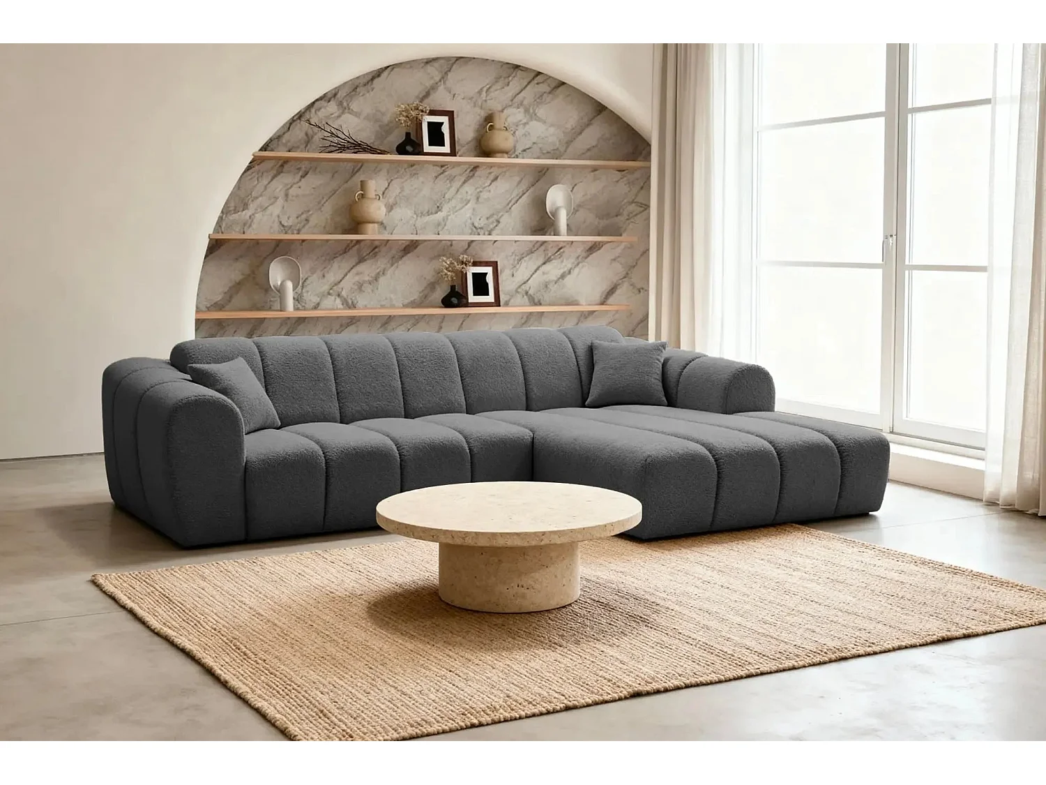 LAURA - Canapé d'angle tissu bouclette 4 places - Gris foncé - Droit