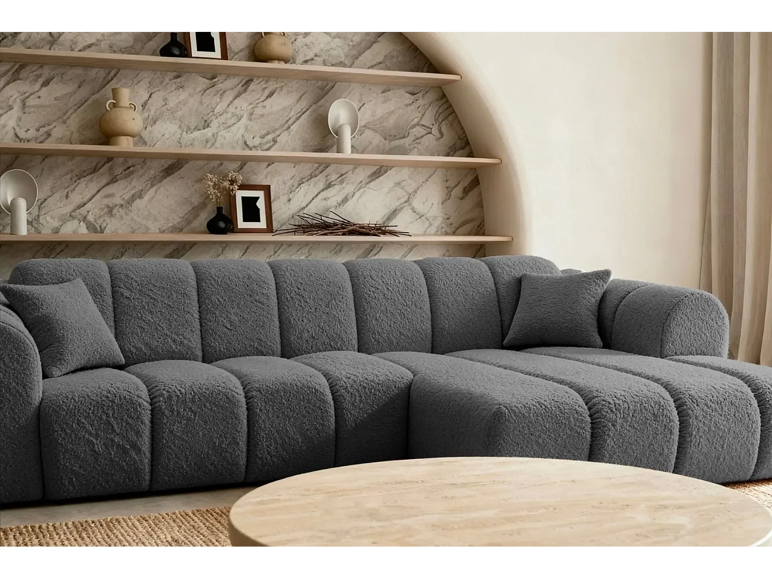 LAURA - Canapé d'angle tissu bouclette 4 places - Gris foncé - Droit