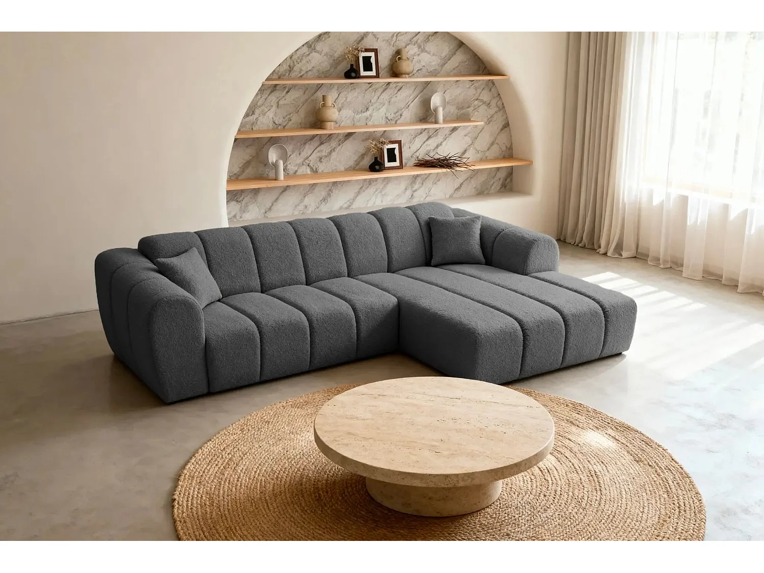 LAURA - Canapé d'angle tissu bouclette 4 places - Gris foncé - Droit