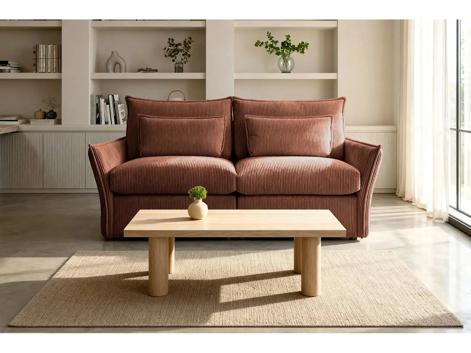 ANGELE - Canapé droit velours côtelé 2 places - Terracotta