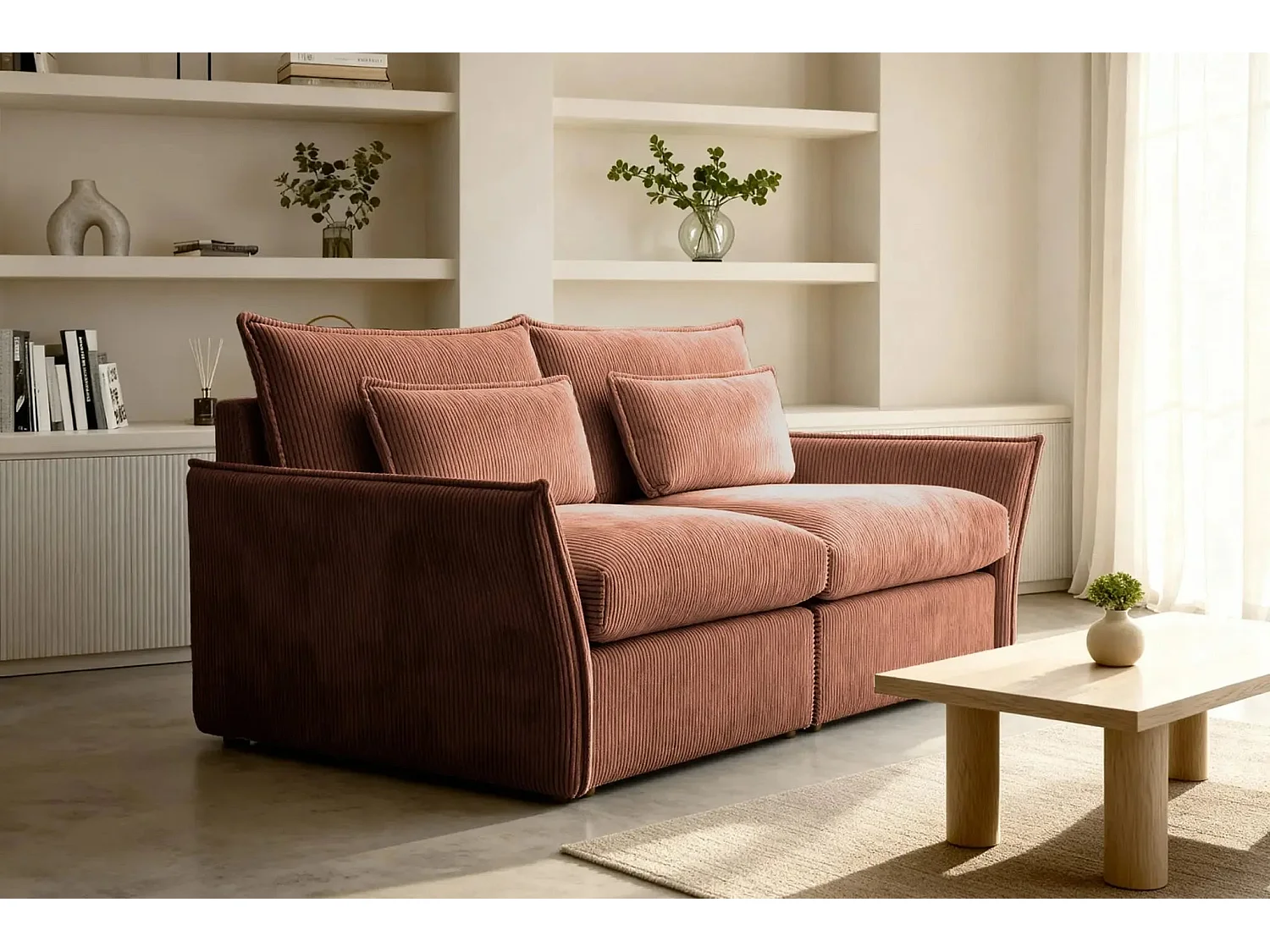 ANGELE - Canapé droit velours côtelé 2 places - Terracotta