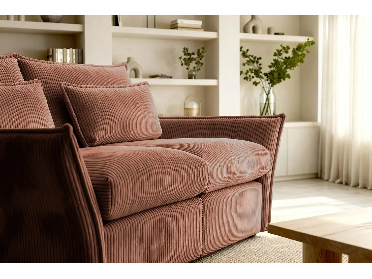 ANGELE - Canapé droit velours côtelé 2 places - Terracotta