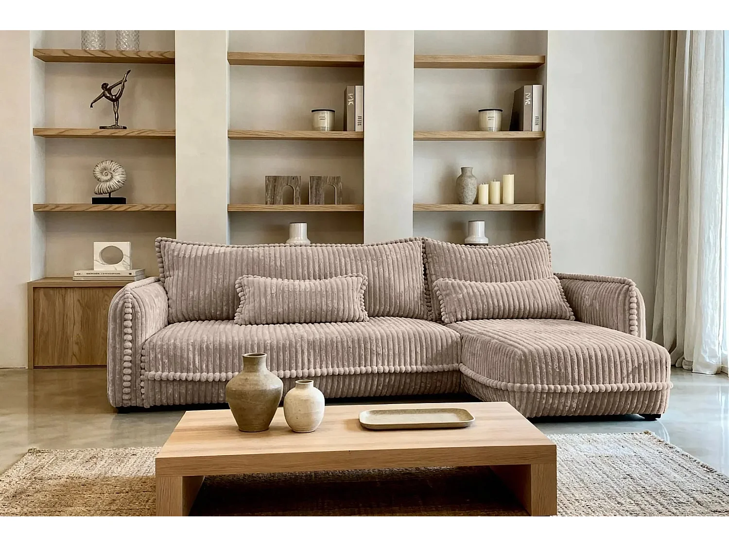 CALIE - Canapé d'angle velours côtelé 3 places - Café - Droit