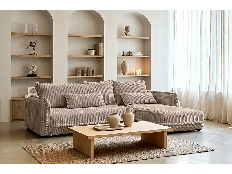 CALIE - Canapé d'angle velours côtelé 3 places - Café - Droit