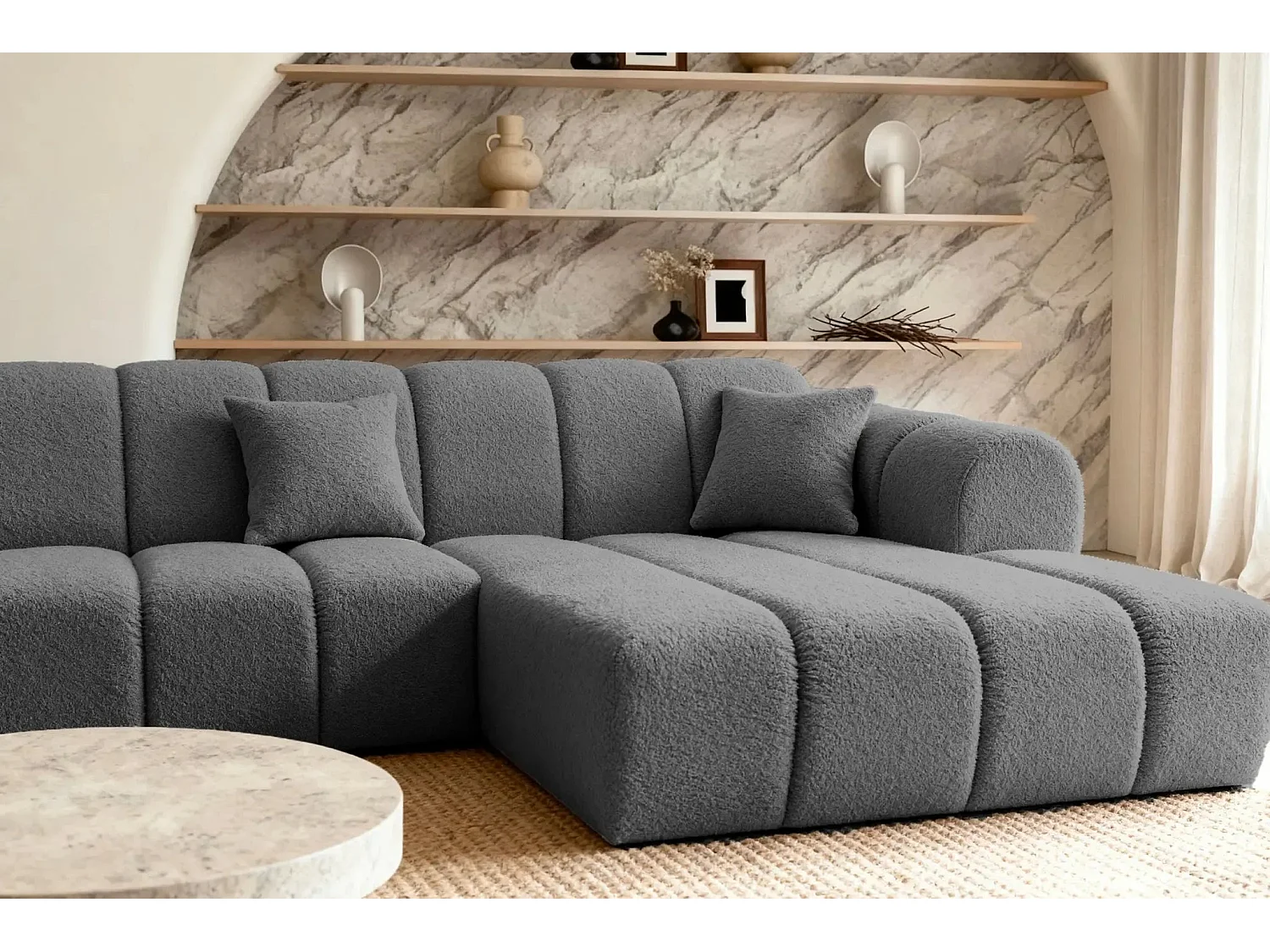 LAURA - Canapé d'angle tissu bouclette 4 places - Gris foncé - Gauche