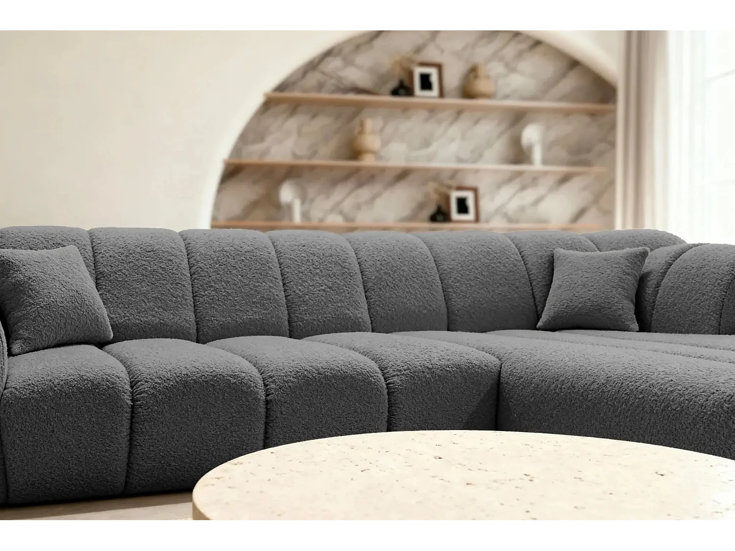LAURA - Canapé d'angle tissu bouclette 4 places - Gris foncé - Gauche