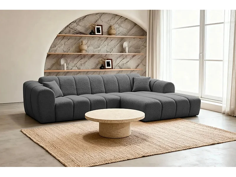 LAURA - Canapé d'angle tissu bouclette 4 places - Gris foncé - Gauche