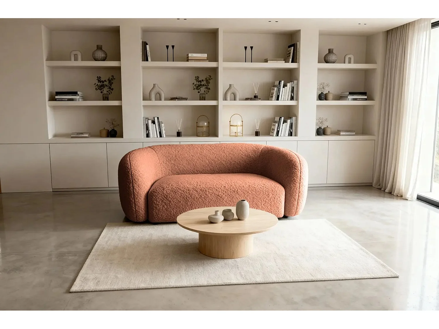 BAHIA - Canapé droit tissu bouclette 2 places - Terracotta