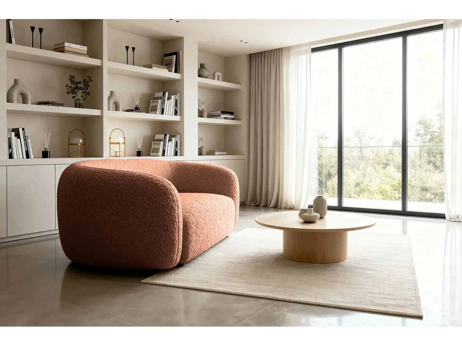 BAHIA - Canapé droit tissu bouclette 2 places - Terracotta