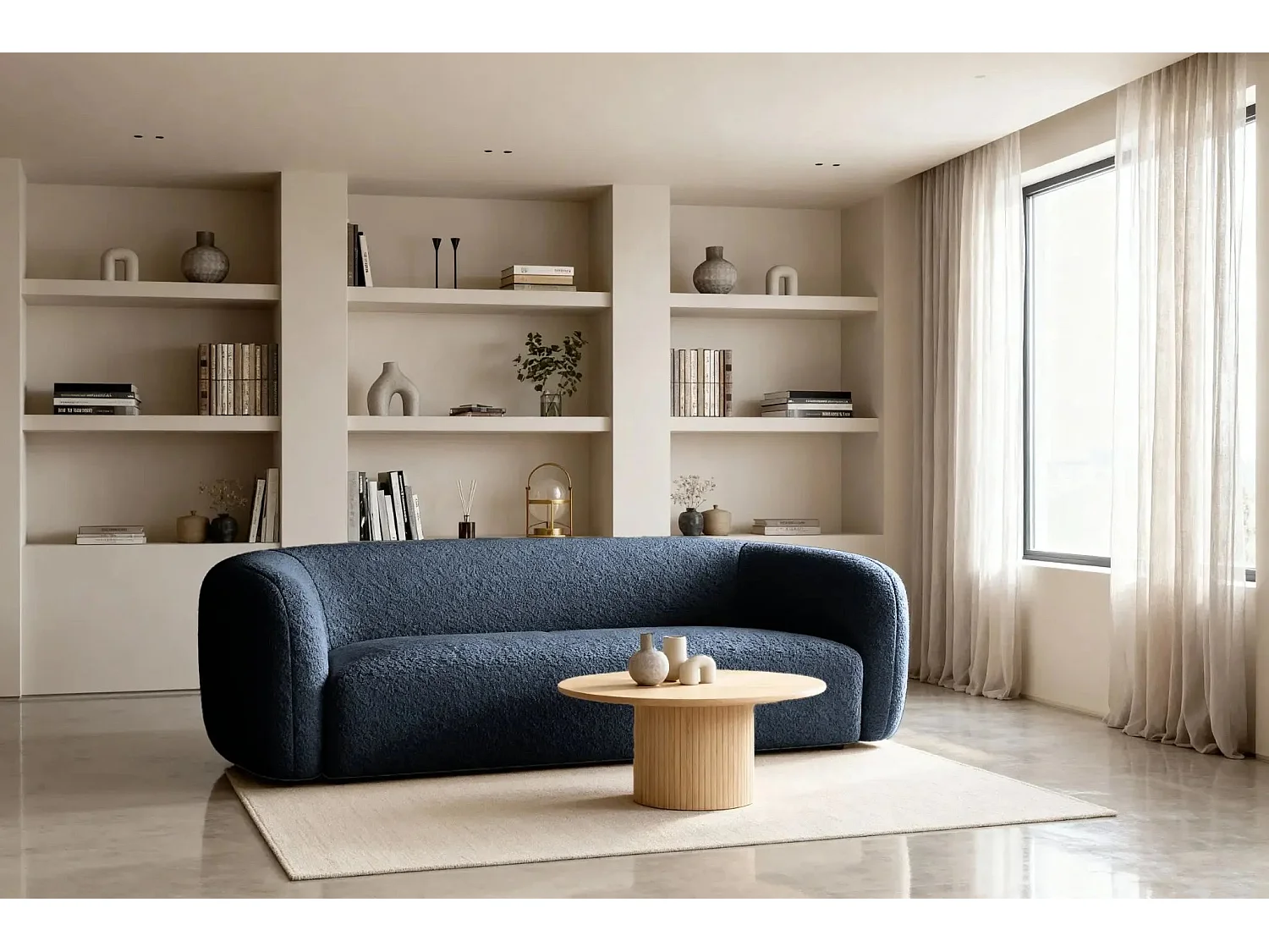 BAHIA 3 - Canapé droit en tissu bouclette 3 places - Bleu