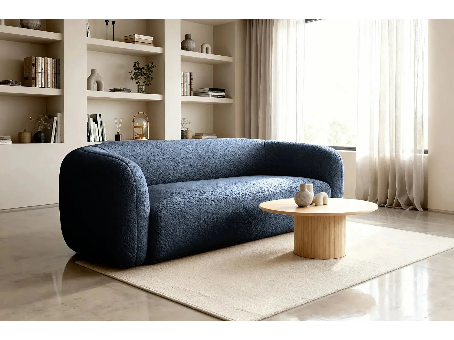 BAHIA 3 - Canapé droit en tissu bouclette 3 places - Bleu