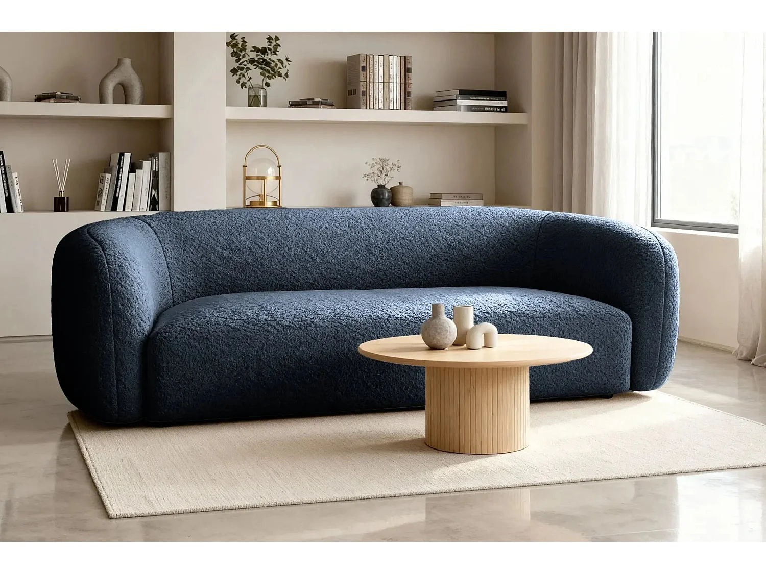 BAHIA 3 - Canapé droit en tissu bouclette 3 places - Bleu