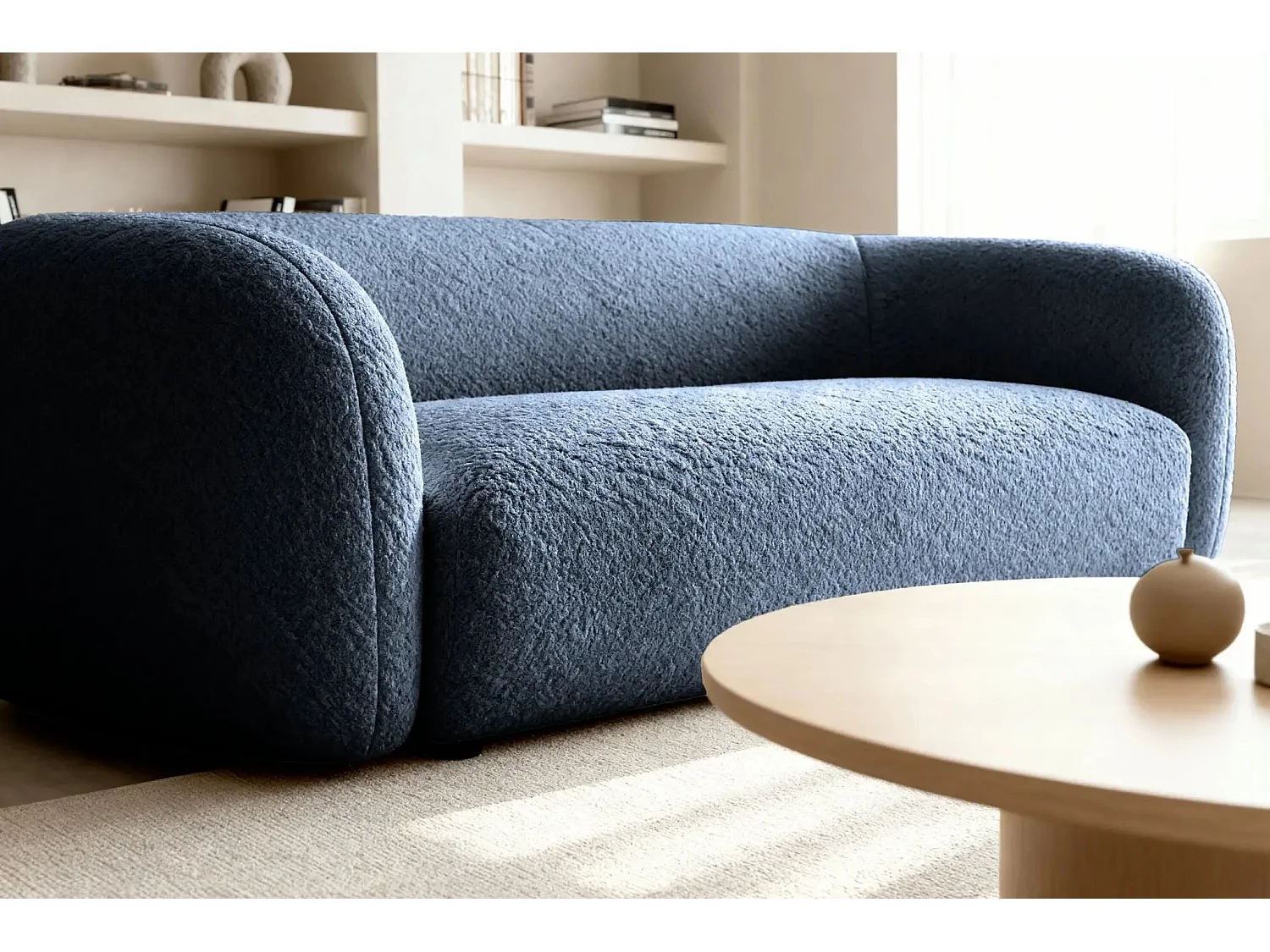 BAHIA 3 - Canapé droit en tissu bouclette 3 places - Bleu