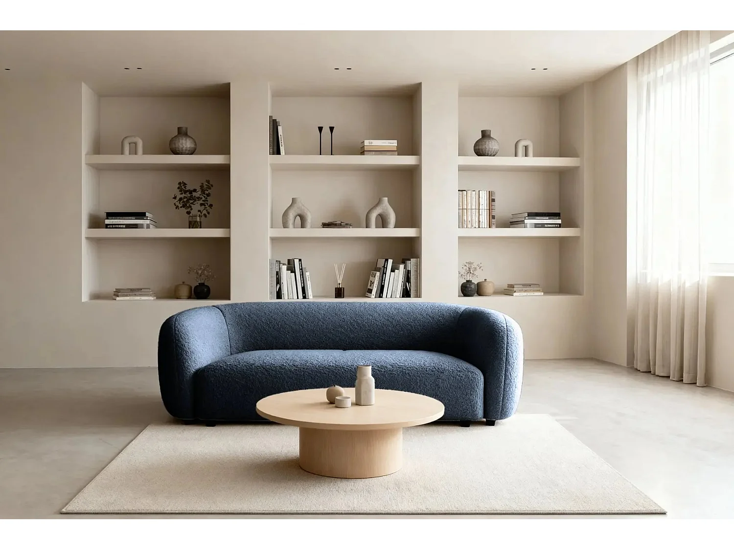 BAHIA 3 - Canapé droit en tissu bouclette 3 places - Bleu