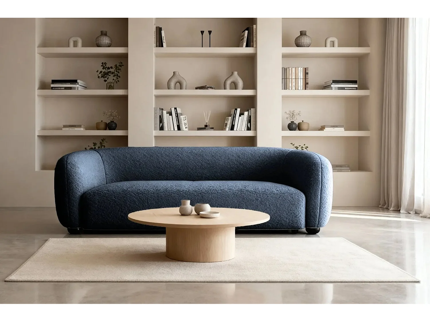 BAHIA 3 - Canapé droit en tissu bouclette 3 places - Bleu