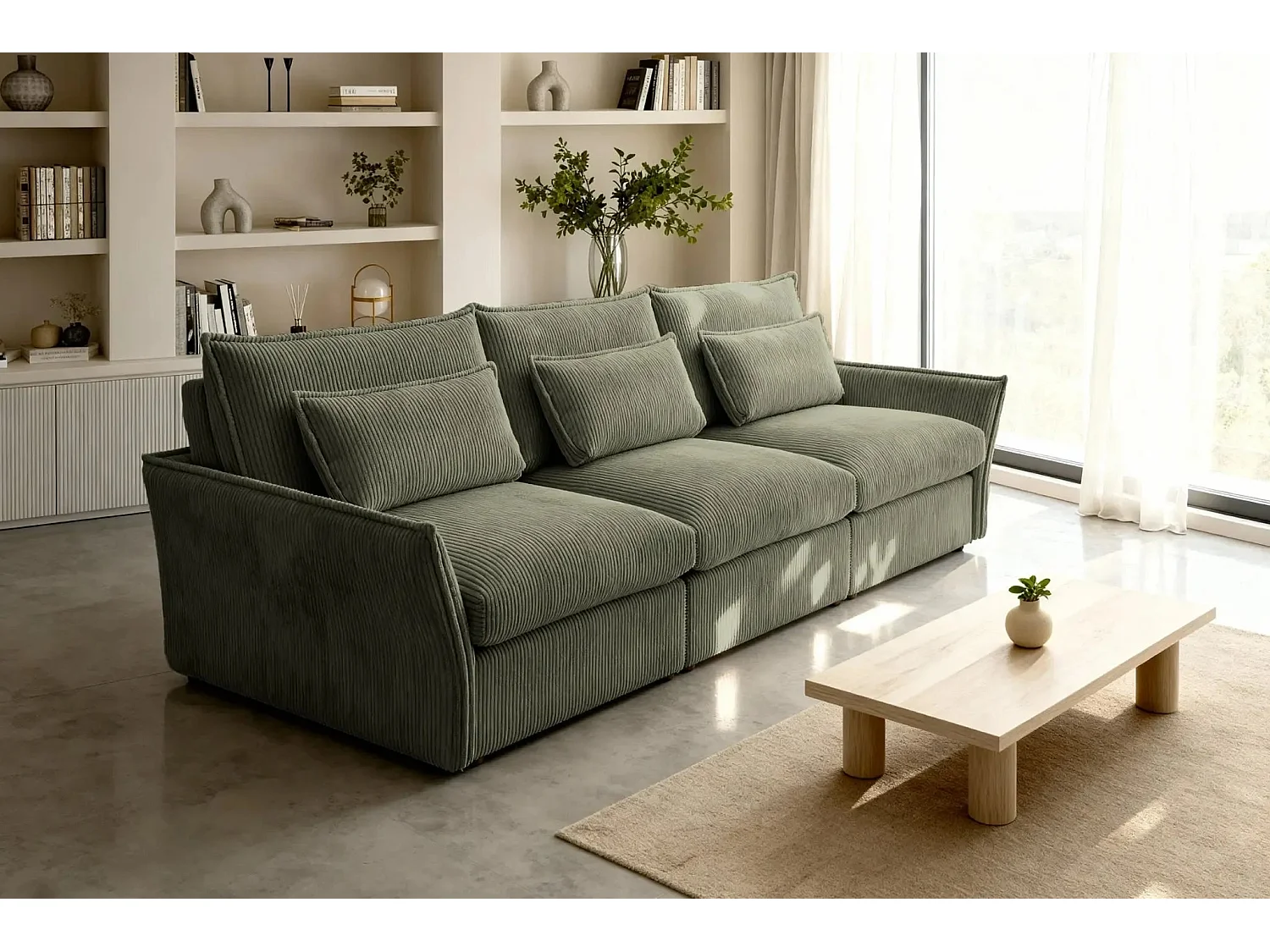 ANGELE - Canapé droit velours côtelé 3 places - Vert