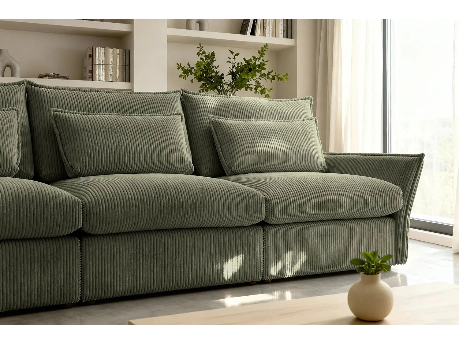 ANGELE - Canapé droit velours côtelé 3 places - Vert