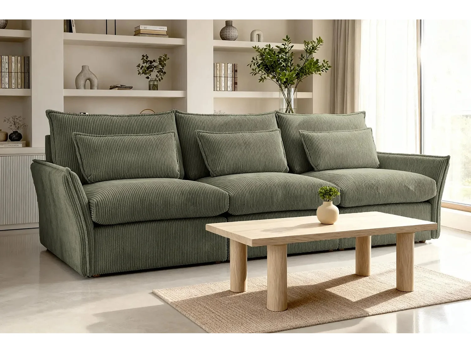 ANGELE - Canapé droit velours côtelé 3 places - Vert