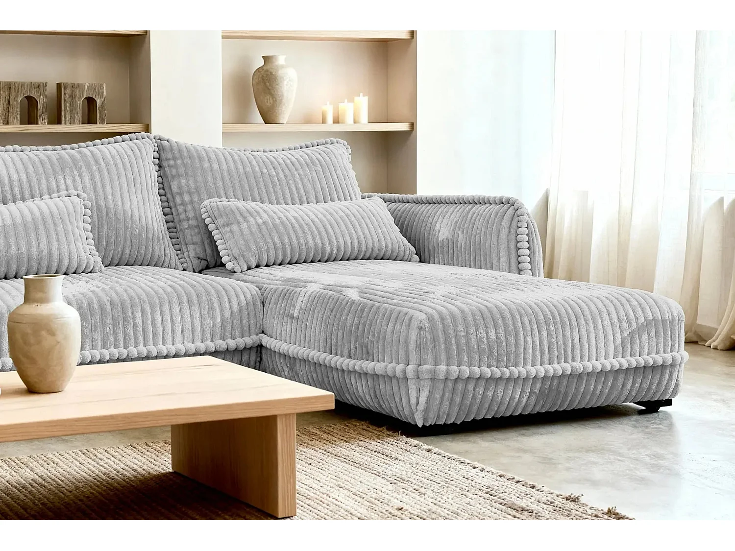 CALIE - Canapé d'angle velours côtelé 3 places - Gris clair - Droit