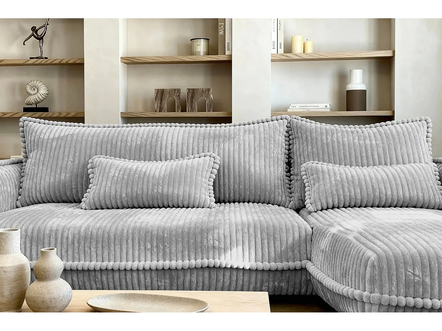 CALIE - Canapé d'angle velours côtelé 3 places - Gris clair - Droit