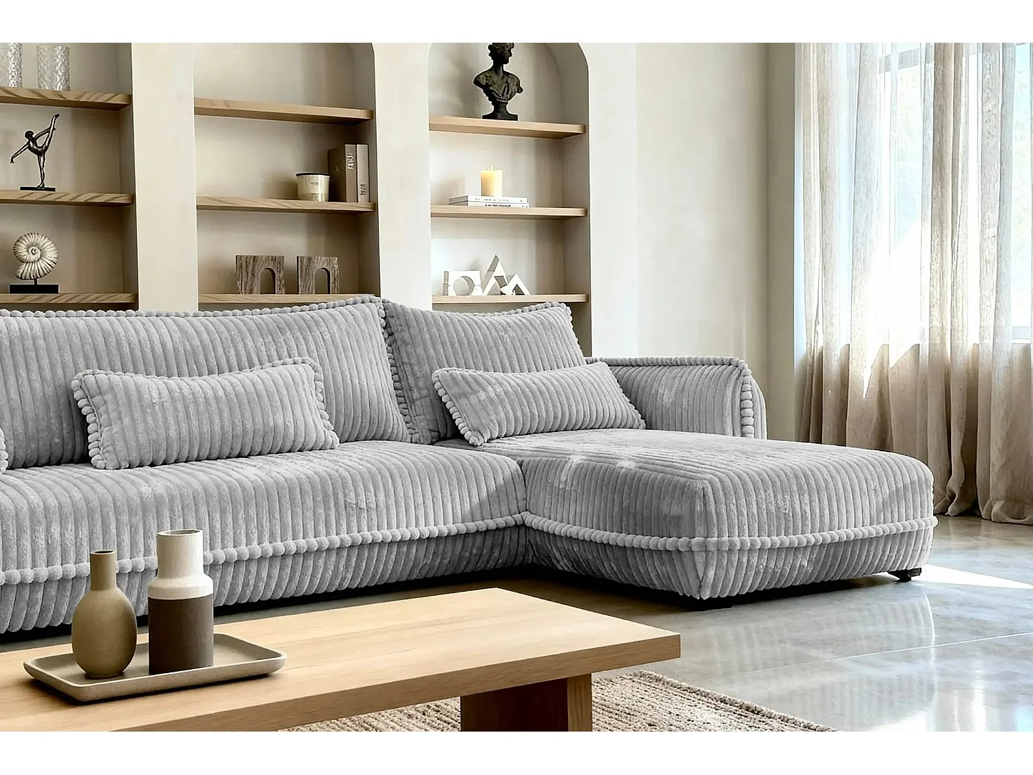 CALIE - Canapé d'angle velours côtelé 3 places - Gris clair - Droit