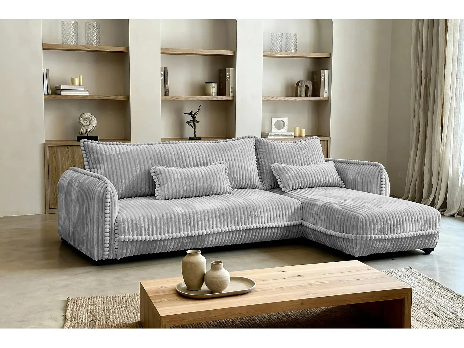 CALIE - Canapé d'angle velours côtelé 3 places - Gris clair - Droit