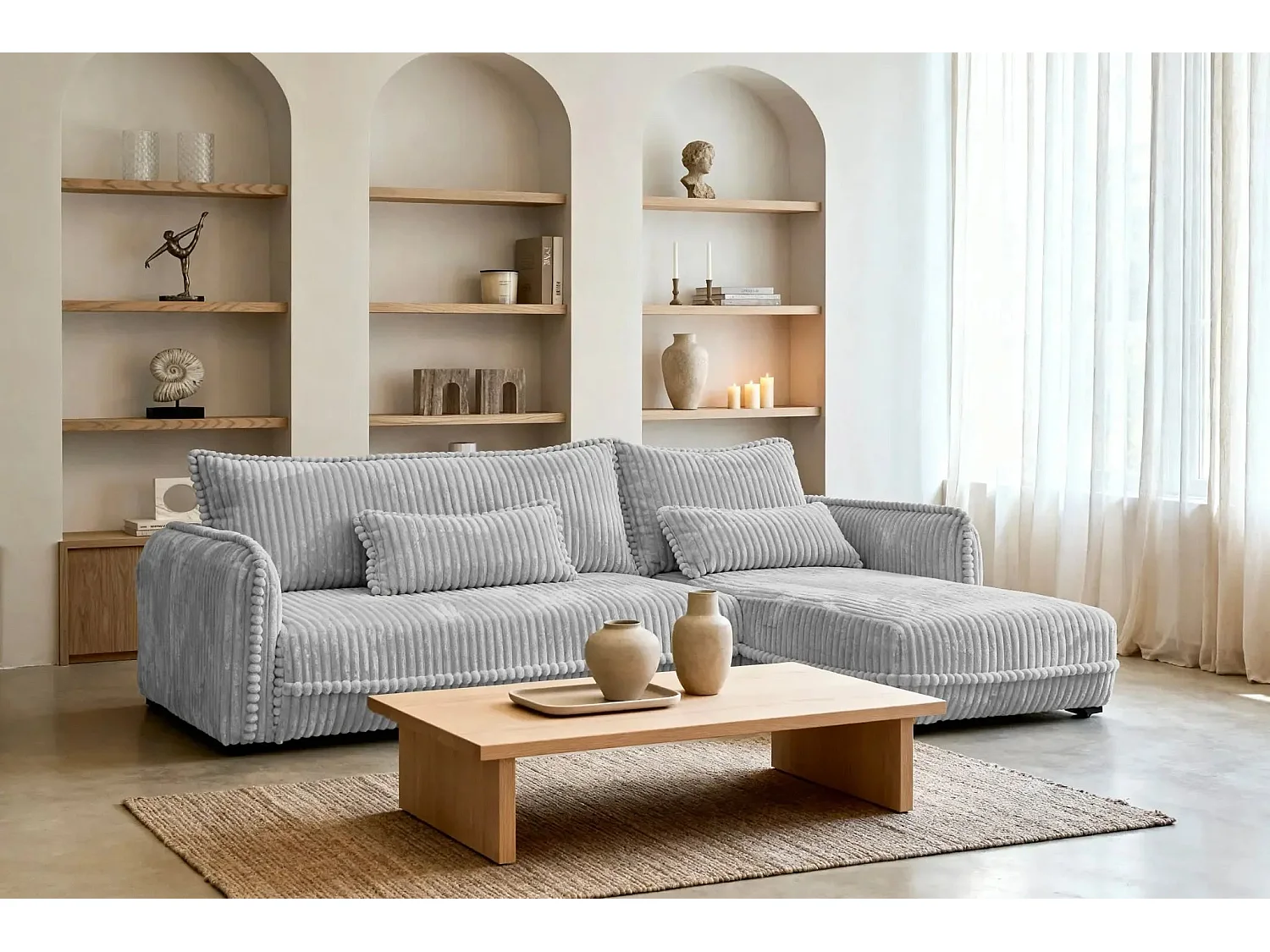 CALIE - Canapé d'angle velours côtelé 3 places - Gris clair - Gauche