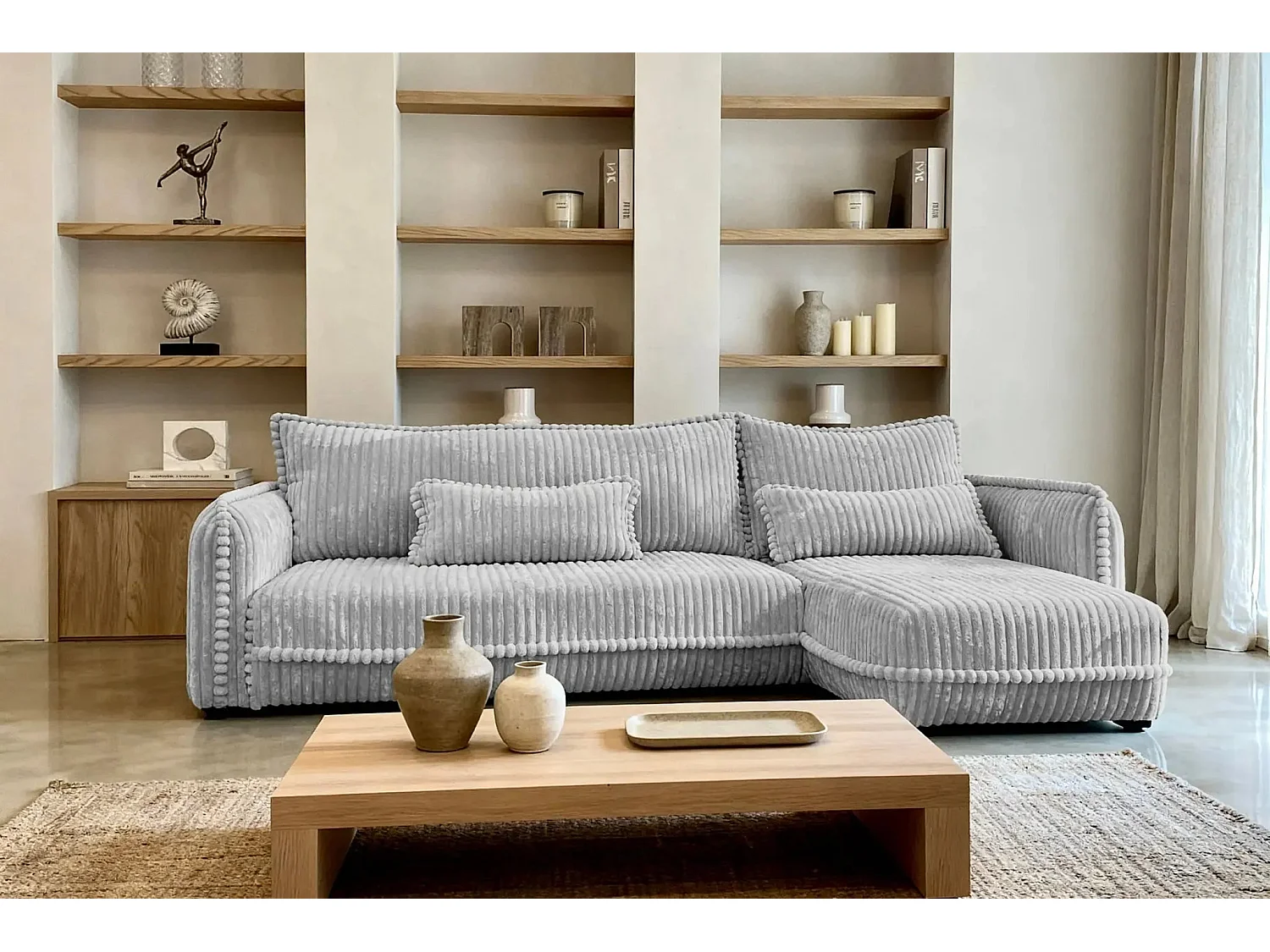 CALIE - Canapé d'angle velours côtelé 3 places - Gris clair - Gauche