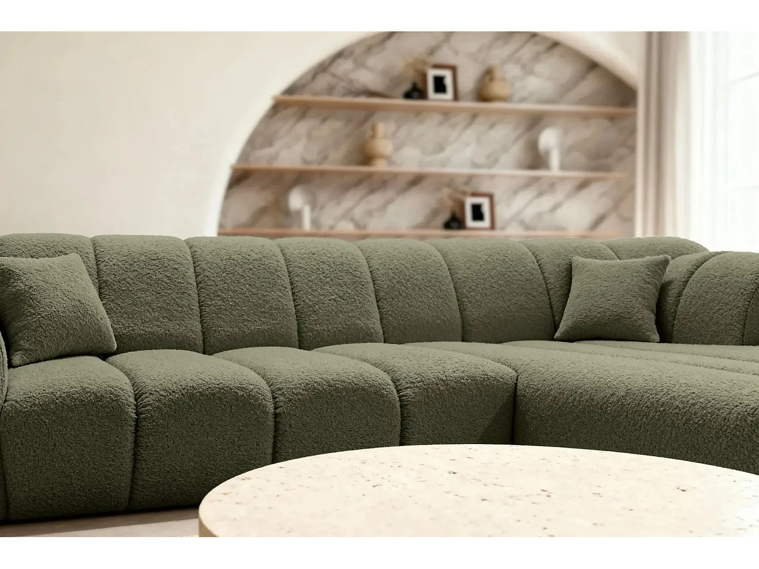 LAURA - Canapé d'angle tissu bouclette 4 places - Vert - Droit