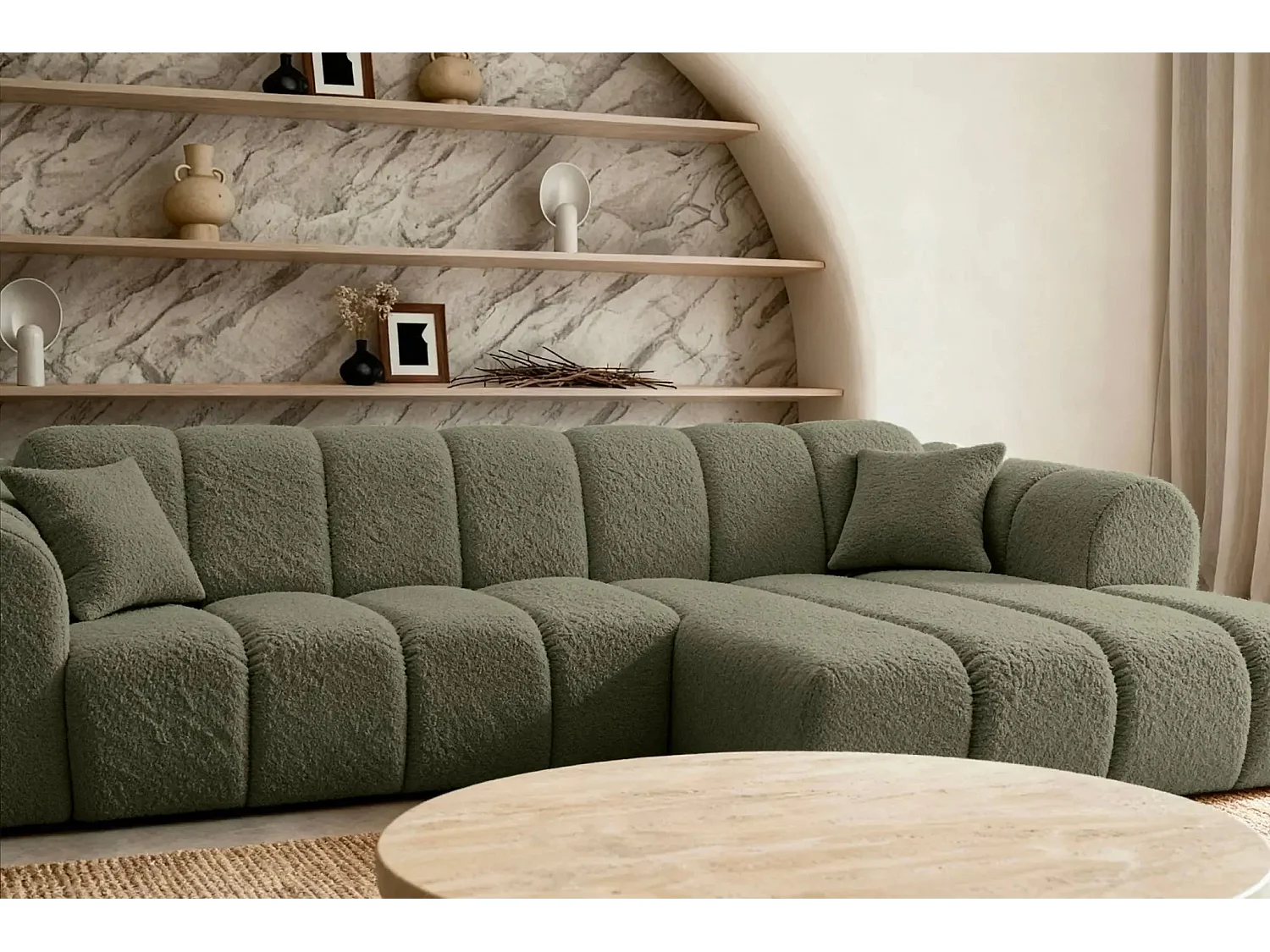 LAURA - Canapé d'angle tissu bouclette 4 places - Vert - Droit