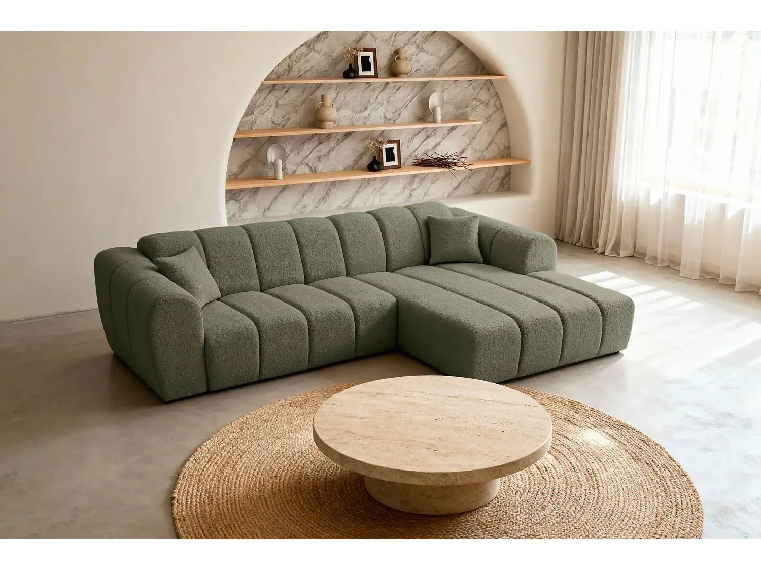 LAURA - Canapé d'angle tissu bouclette 4 places - Vert - Droit