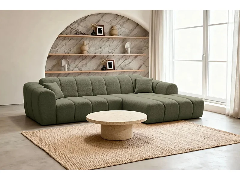 LAURA - Canapé d'angle tissu bouclette 4 places - Vert - Droit