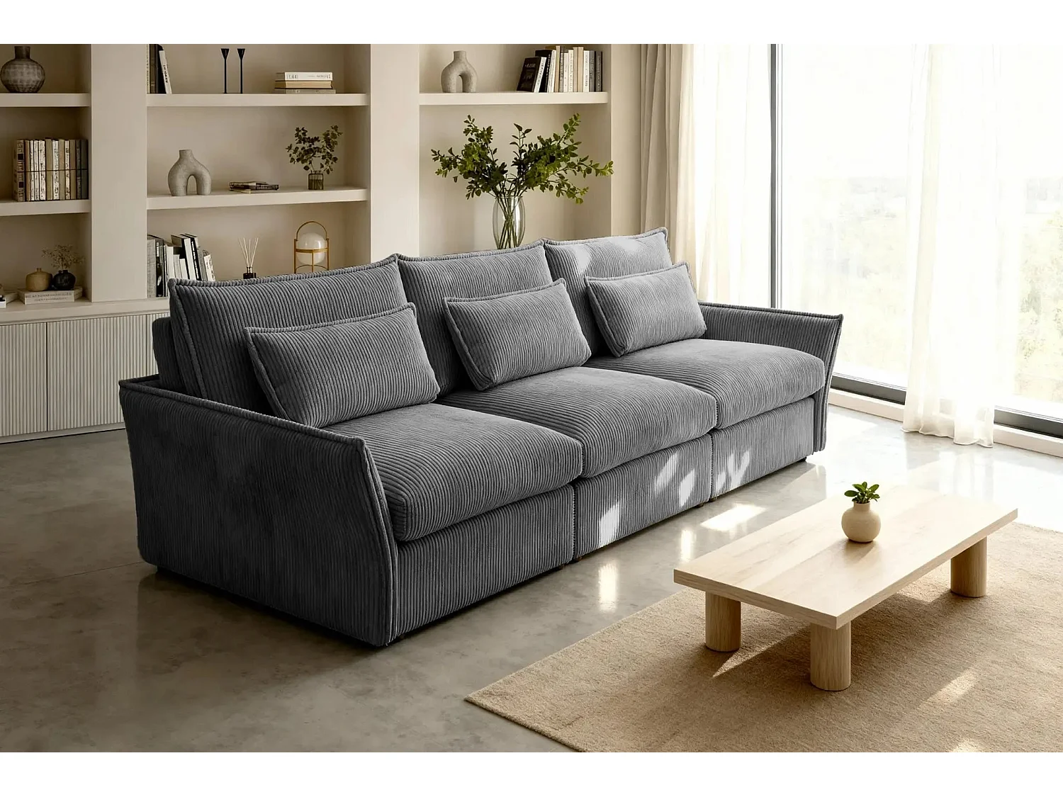 ANGELE - Canapé droit velours côtelé 3 places - Gris foncé