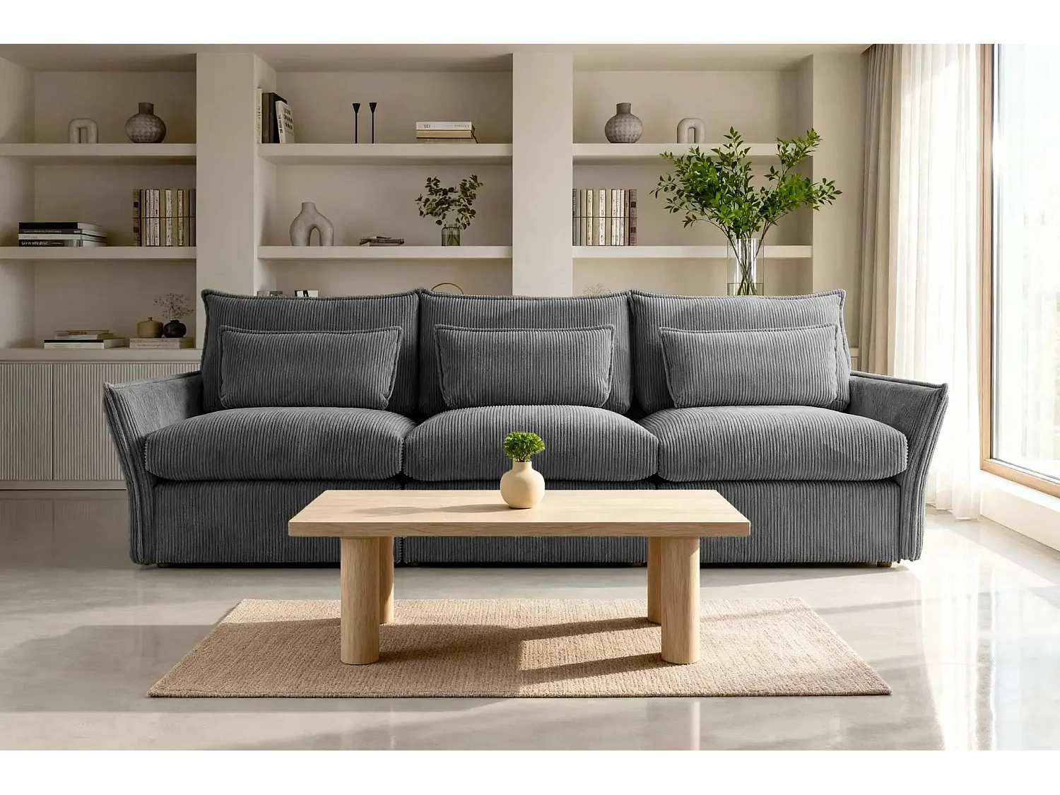 ANGELE - Canapé droit velours côtelé 3 places - Gris foncé