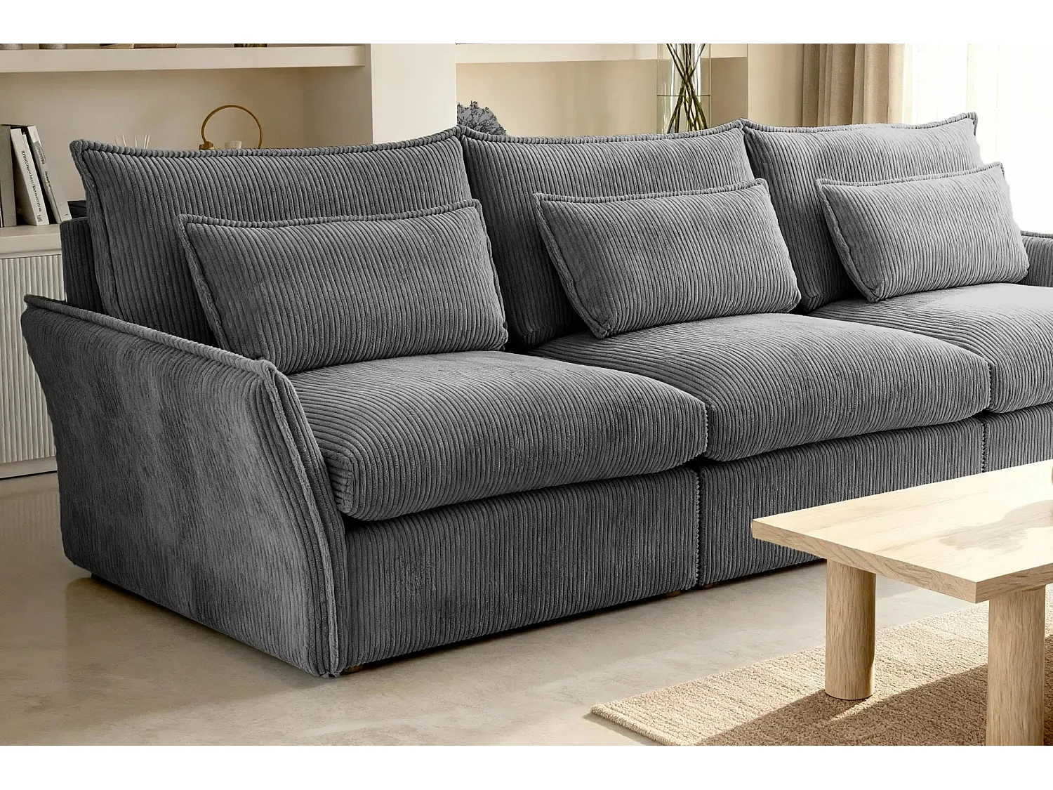 ANGELE - Canapé droit velours côtelé 3 places - Gris foncé