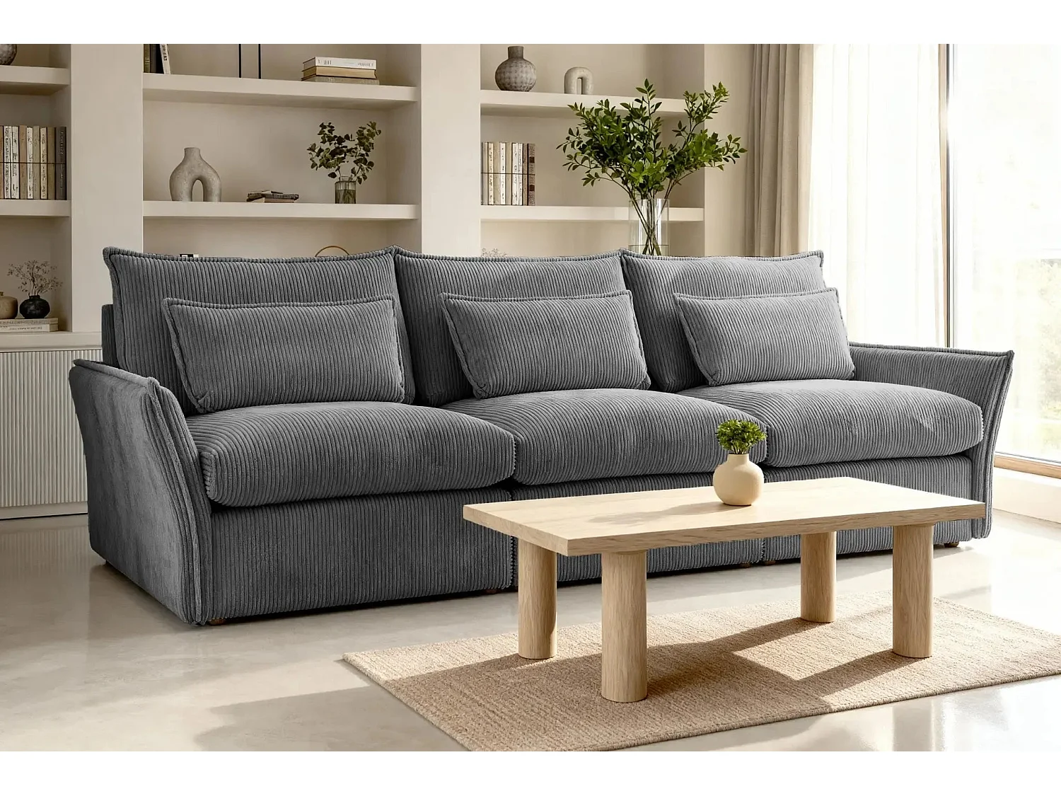 ANGELE - Canapé droit velours côtelé 3 places - Gris foncé