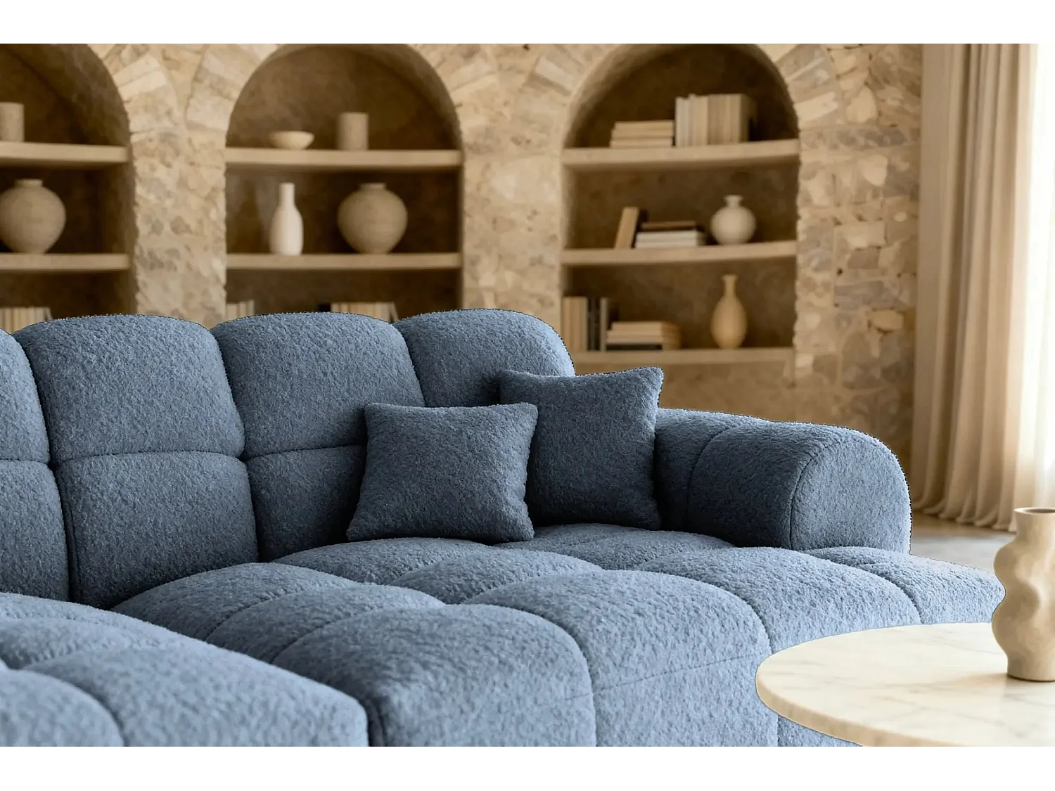 ALEXIA XL - Canapé droit tissu bouclette 2 places - Bleu