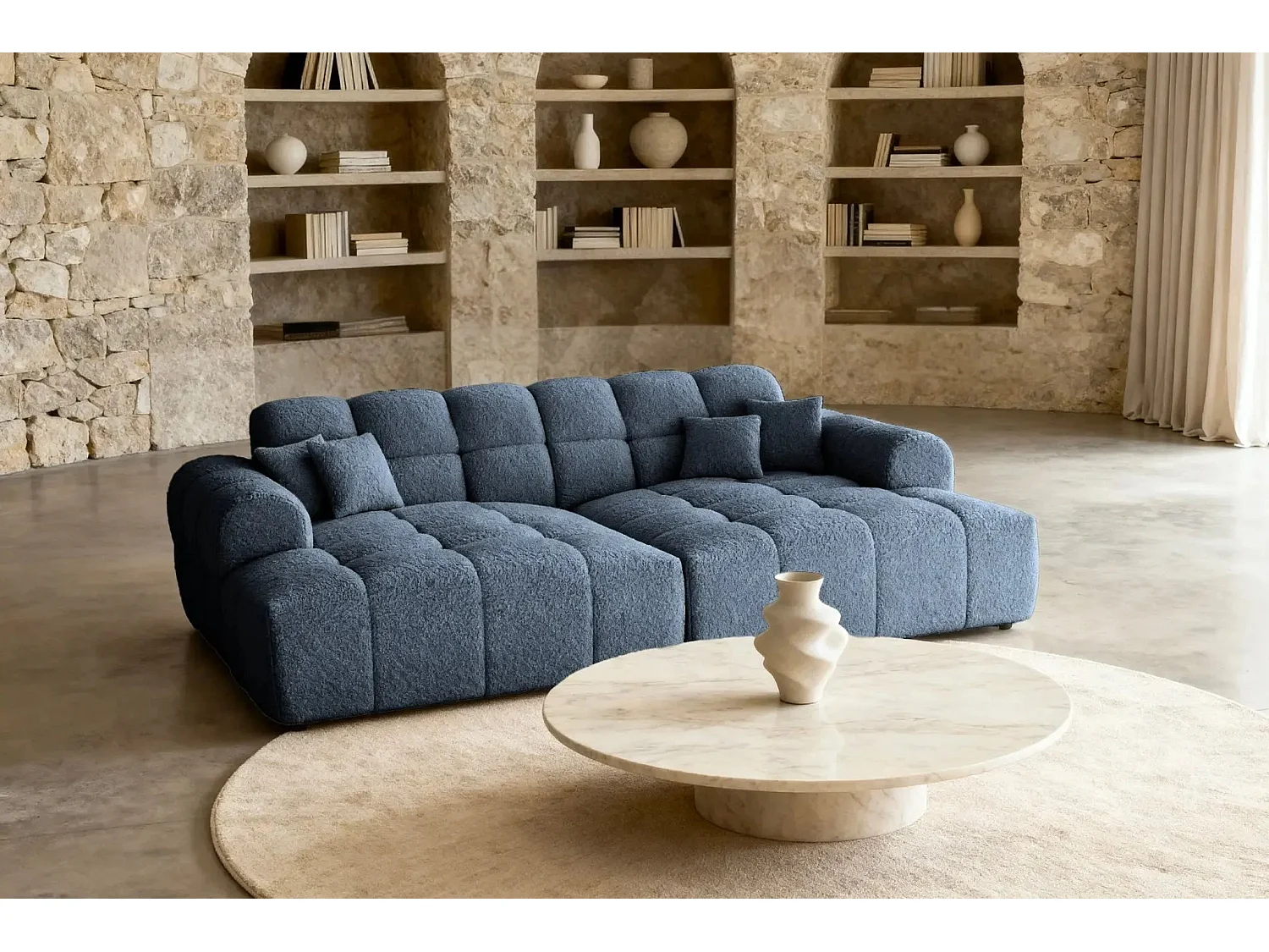 ALEXIA XL - Canapé droit tissu bouclette 2 places - Bleu