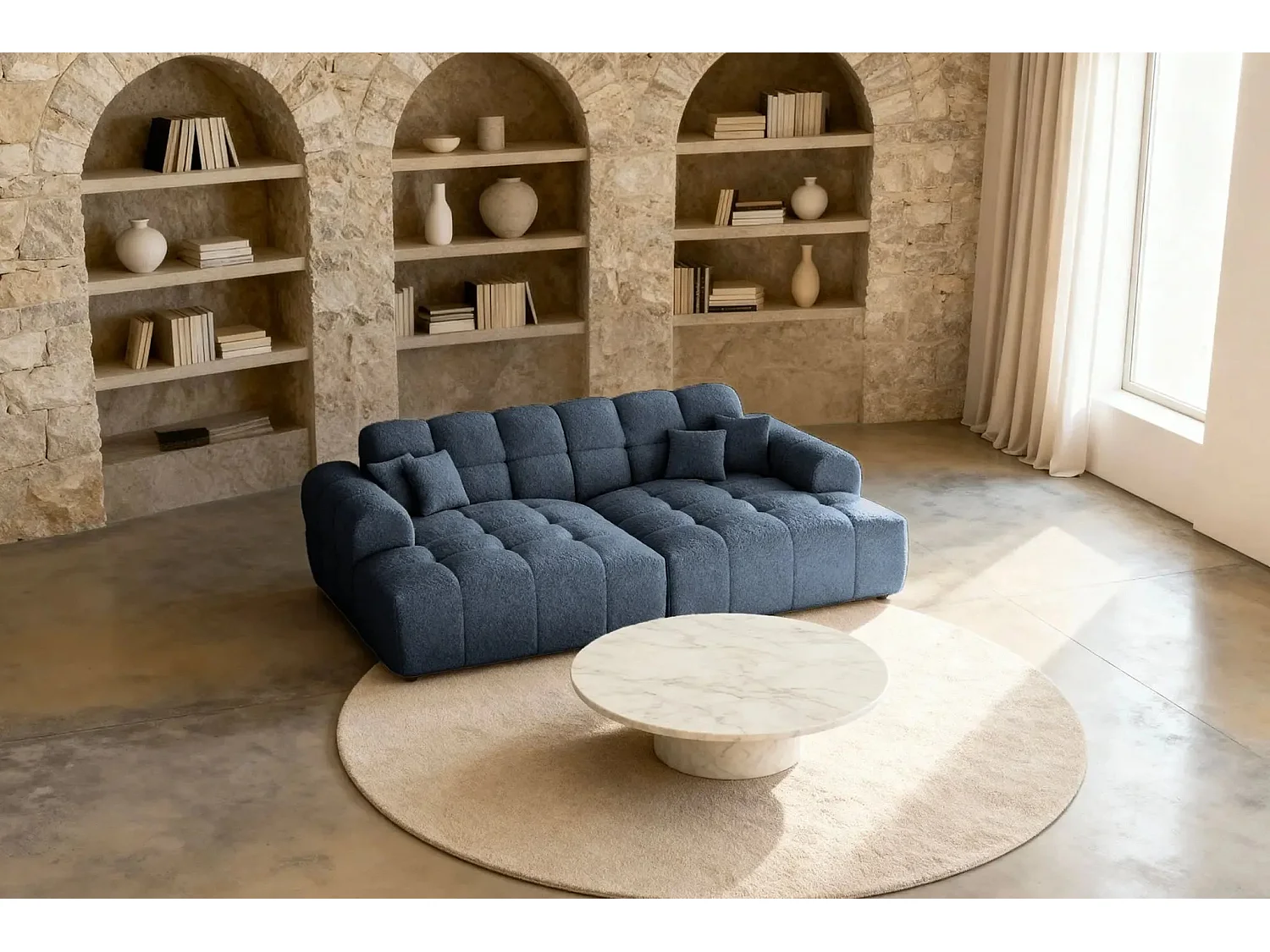 ALEXIA XL - Canapé droit tissu bouclette 2 places - Bleu