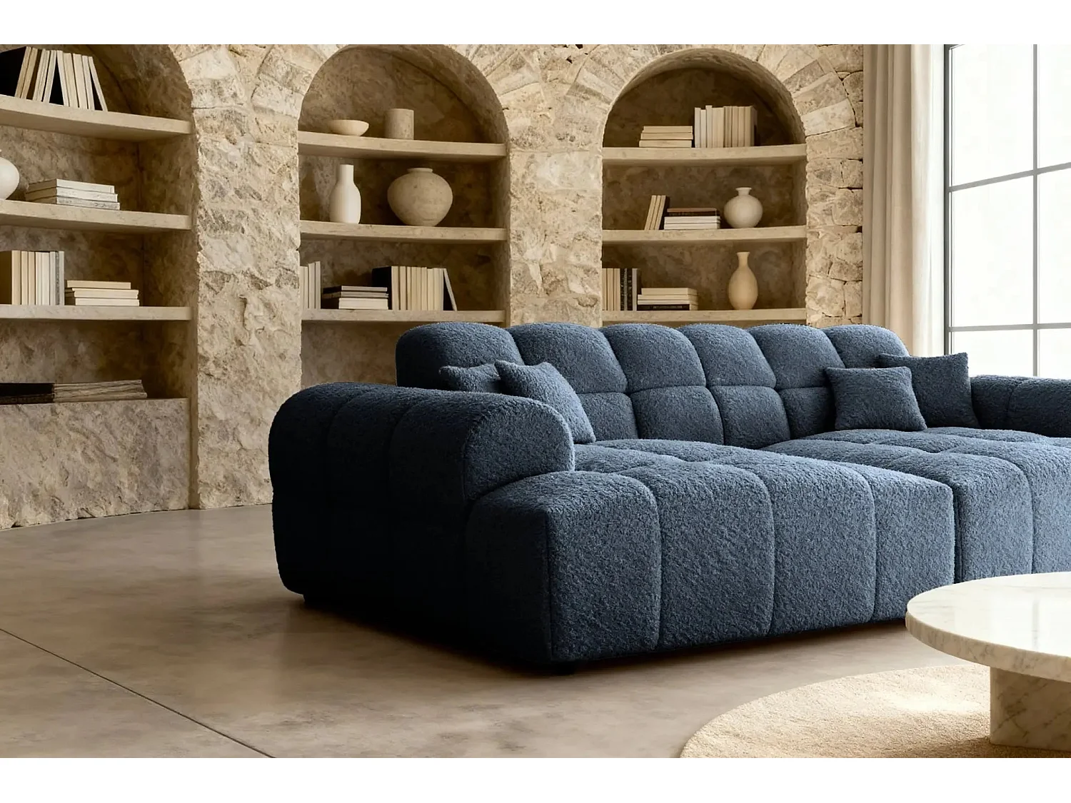 ALEXIA XL - Canapé droit tissu bouclette 2 places - Bleu