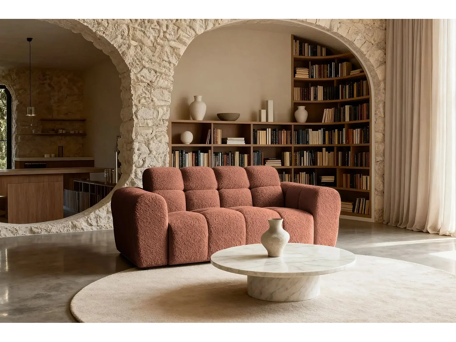 ALEXIA - Canapé droit tissu bouclette 2 places - Terracotta