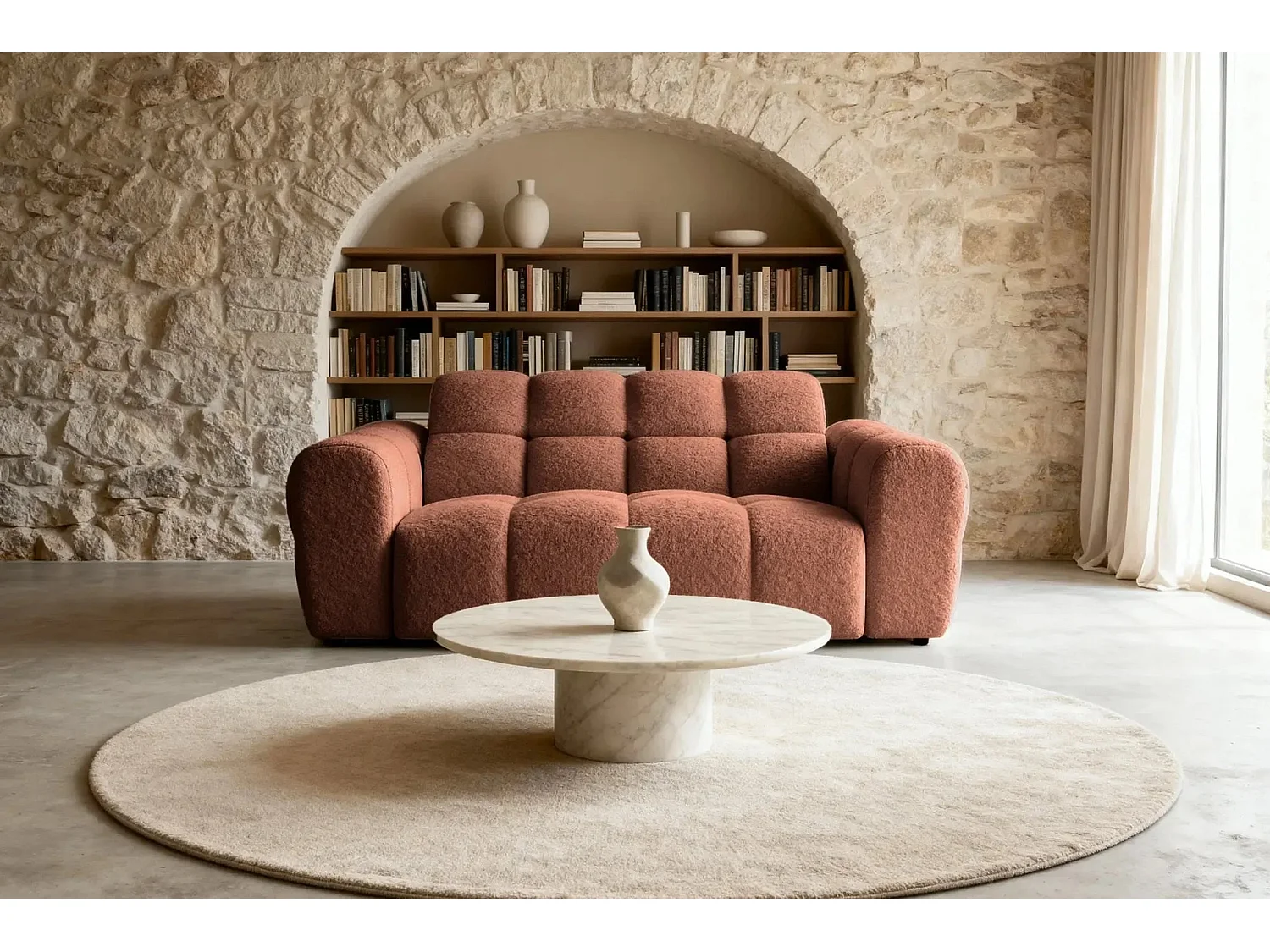 ALEXIA - Canapé droit tissu bouclette 2 places - Terracotta