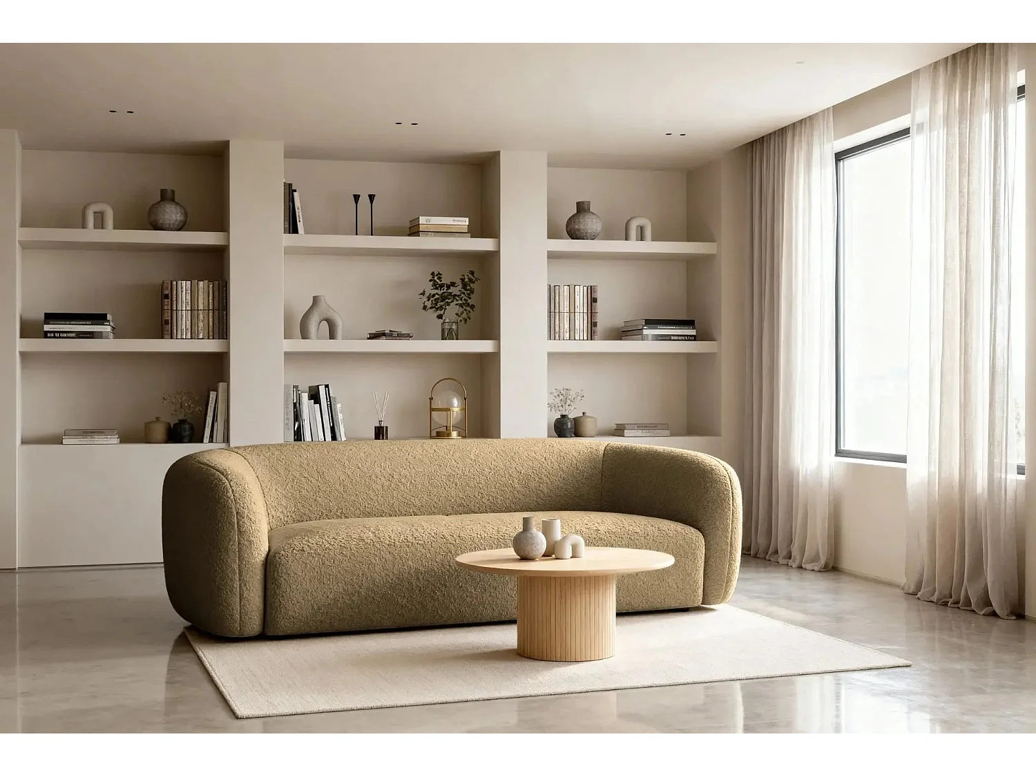 BAHIA 3 - Canapé droit en tissu bouclette 3 places - Café