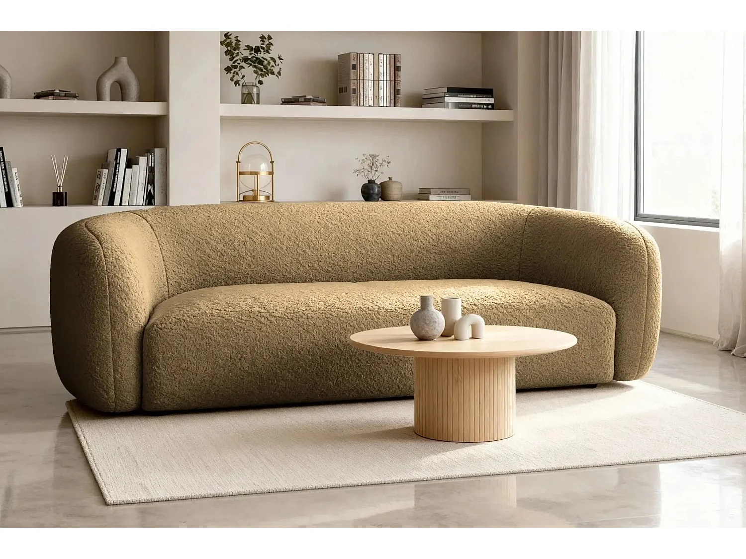 BAHIA 3 - Canapé droit en tissu bouclette 3 places - Café