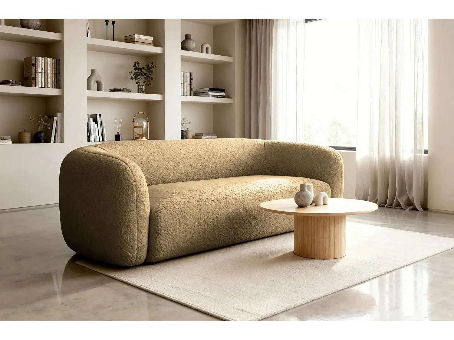 BAHIA 3 - Canapé droit en tissu bouclette 3 places - Café