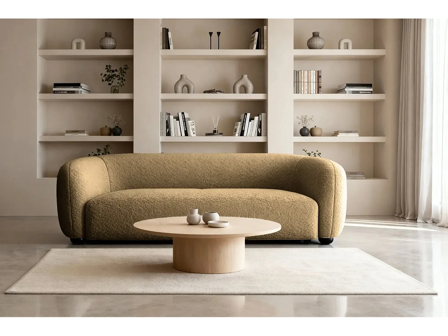 BAHIA 3 - Canapé droit en tissu bouclette 3 places - Café