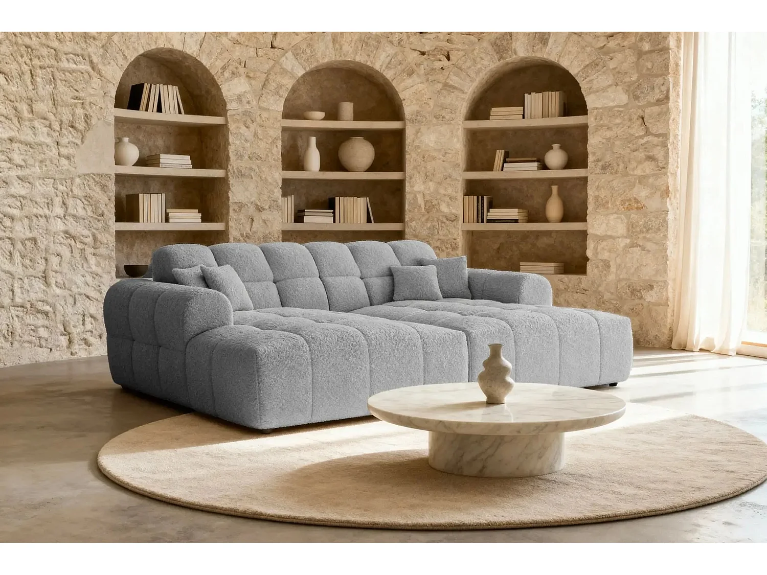 ALEXIA XL - Canapé droit tissu bouclette 4 places - Gris clair